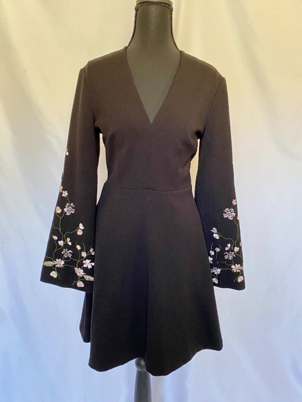 H&M Black Embroidered Bell Sleeve Dress - Size US 6
